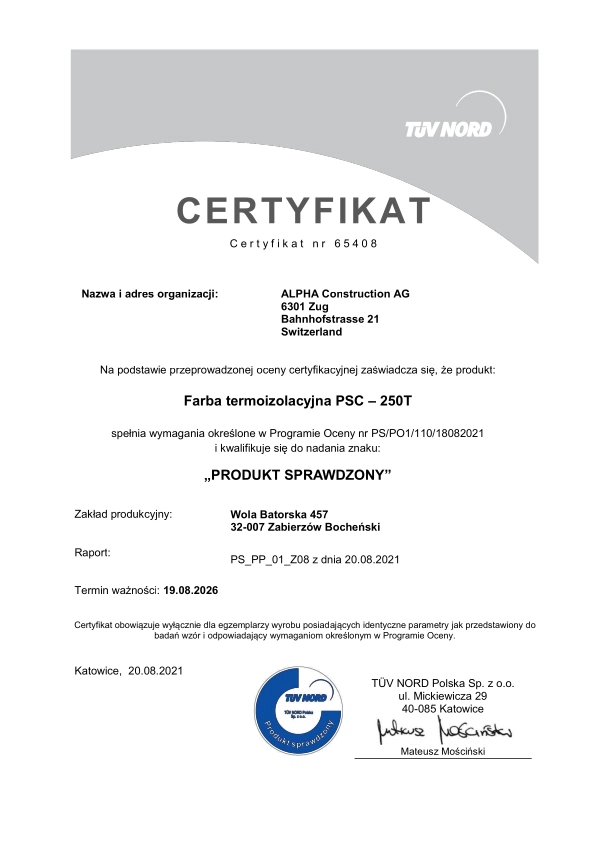 Dokument TUV-Certyfikat 65408 Termo Systems Produkt Sprawdzony