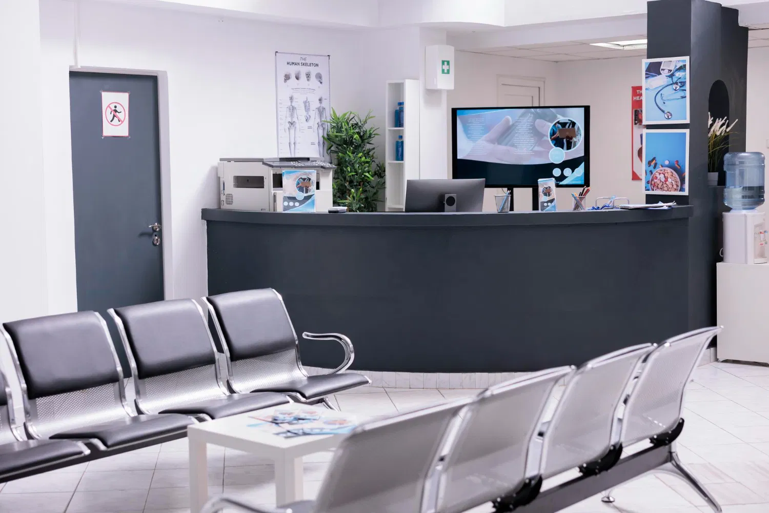 Medical facility waiting area and reception desk as a visual concept of materials for medical facilities supported by WaveMed agency
