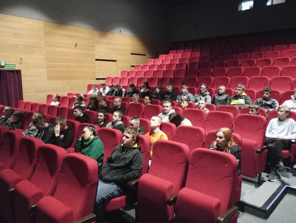Spektakl profilaktyczny | Widownia teatralna, rzędami stoją czerwone krzesła, w kilku pierwszych rzędach siedzą chłopcy z MOW, między nimi opiekunowie.jpg