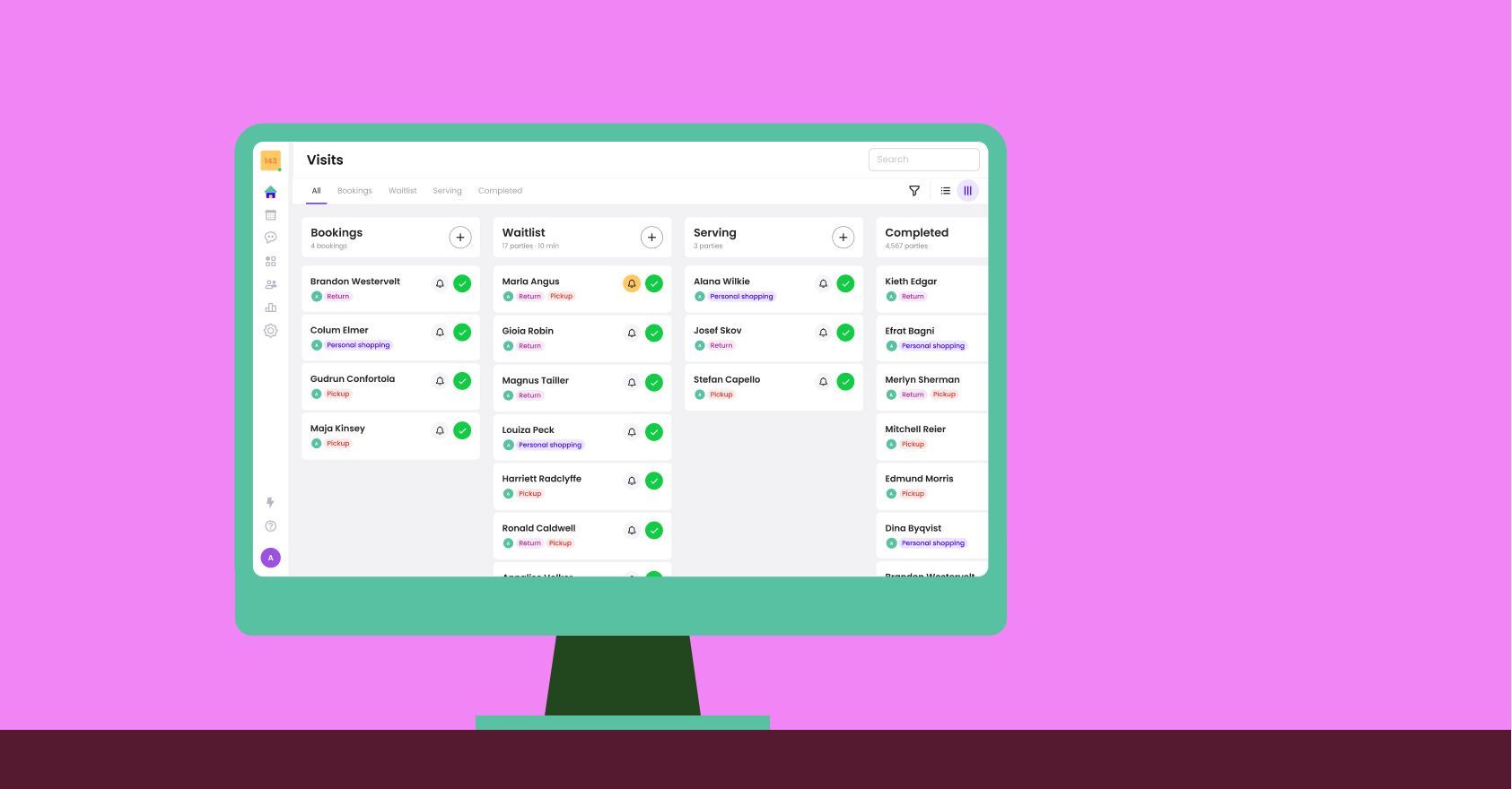 Dashboard for managing customer journey, showcasing bookings, waitlists, and completed services.