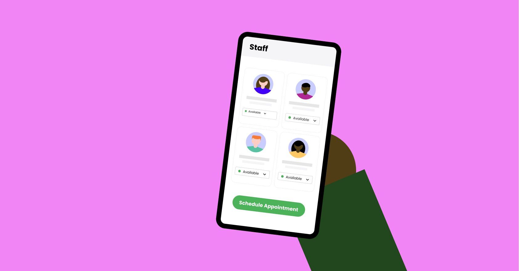 Appointment scheduling app interface displaying available staff for a barbershop