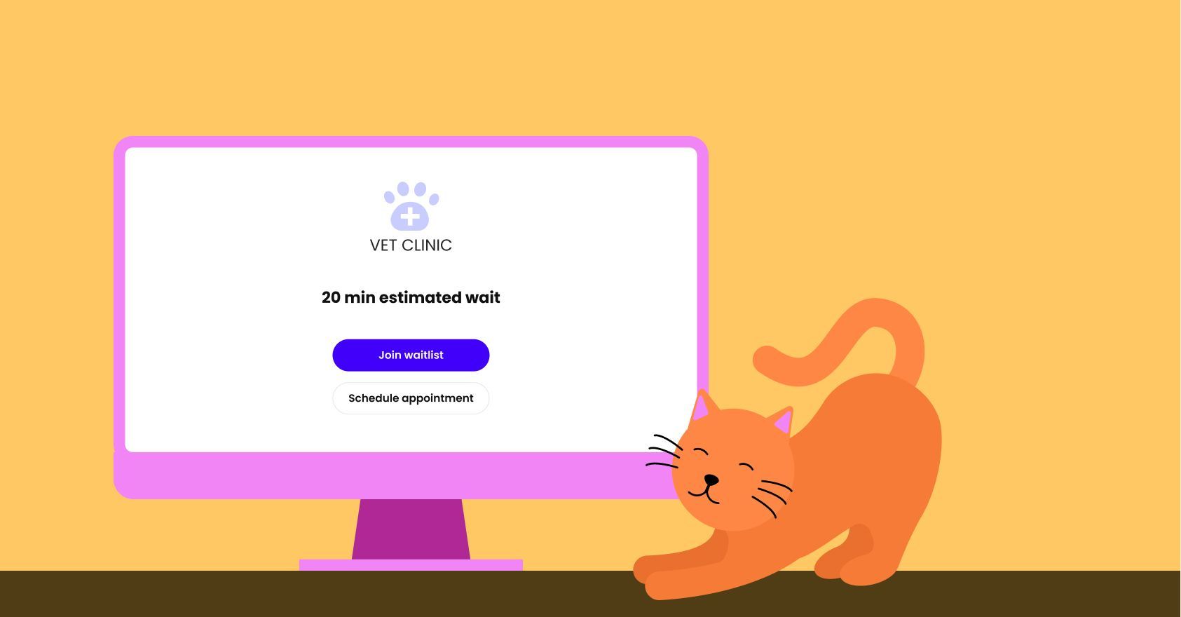 Veterinary clinic waiting screen with estimated wait time and an orange cat in a playful pose