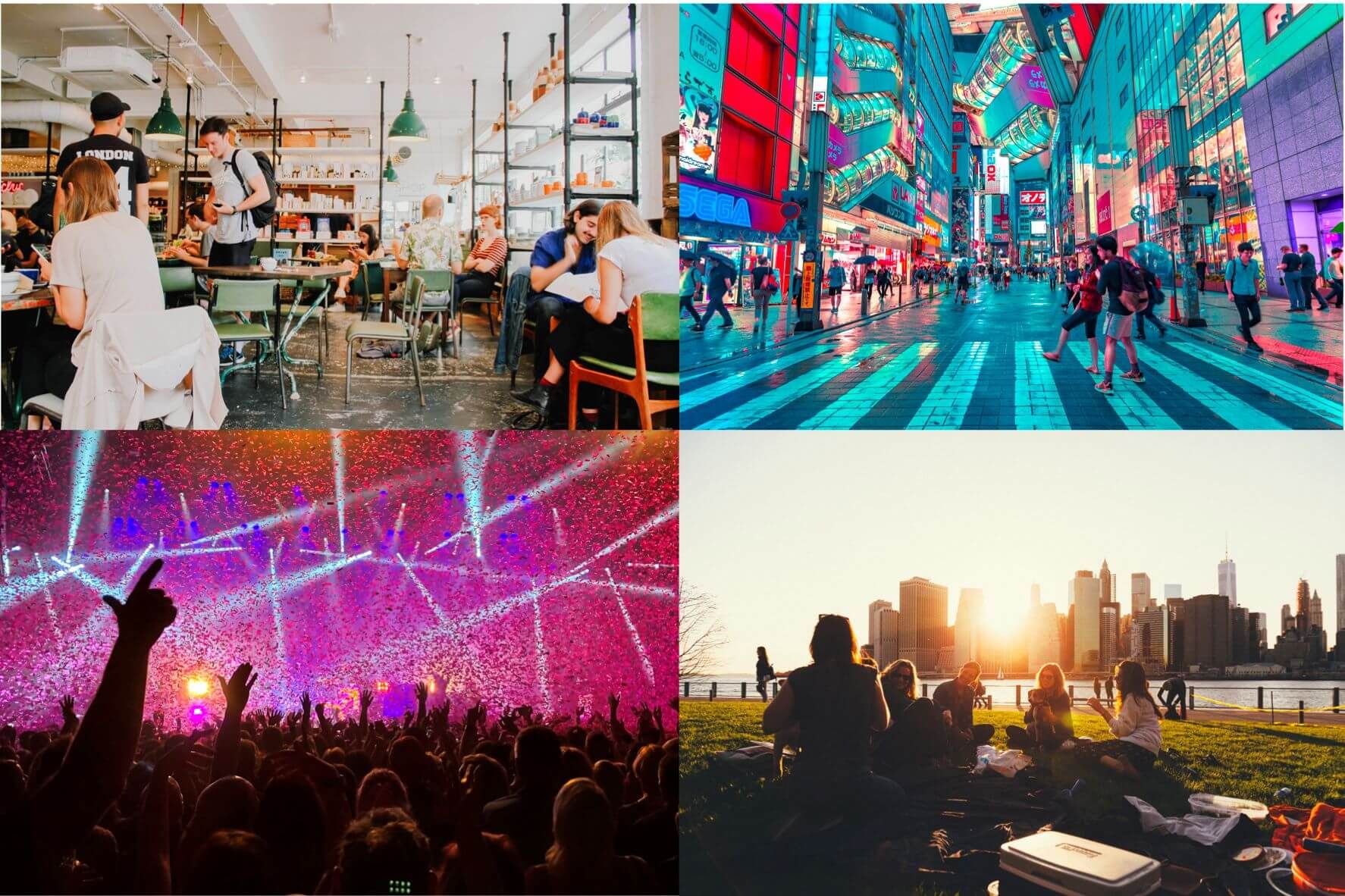 A collage of 4 pictures showing people enjoying live in the restaurant, shopping street, during a concert and a picnic