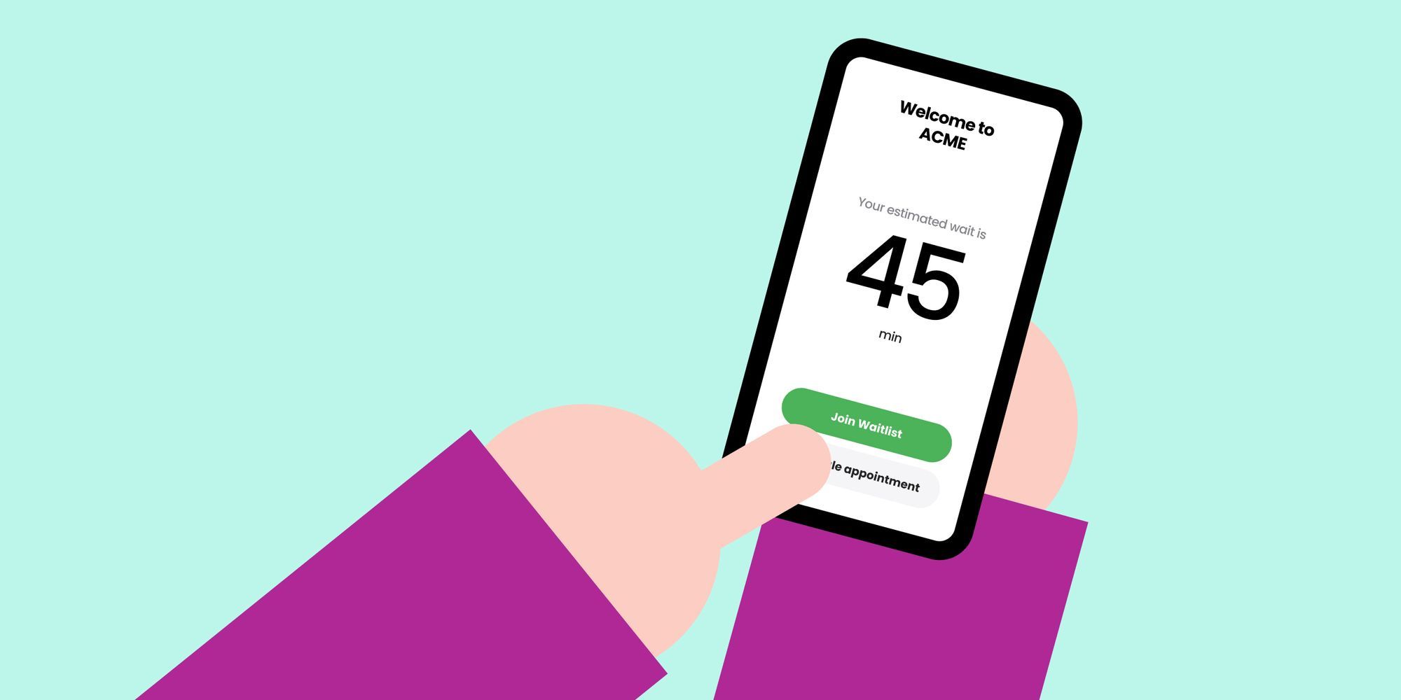 Mobile phone displaying a wait time of 45 minutes for an appointment booking