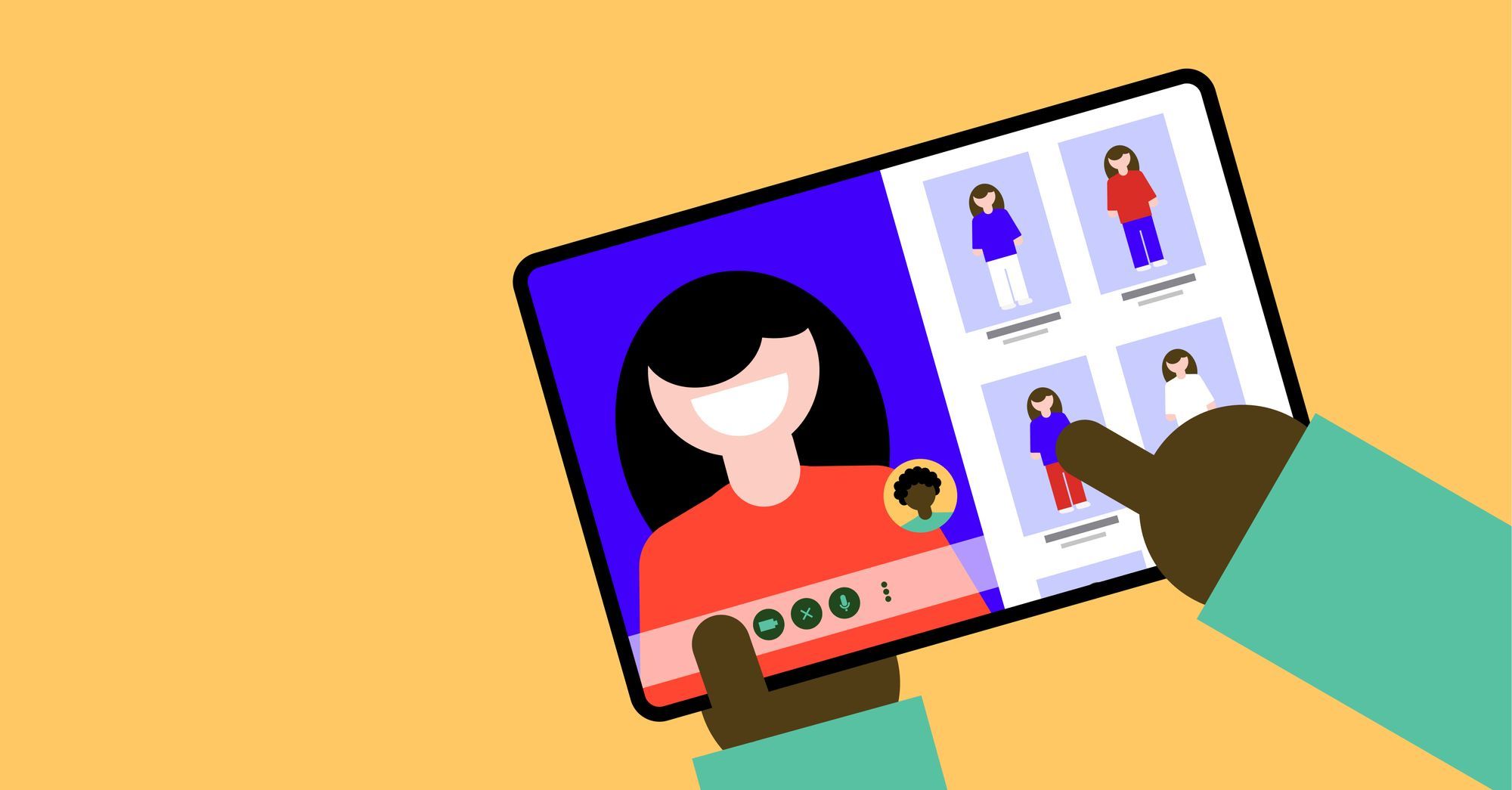 A person interacting with a tablet displaying virtual shopping options and video chat interface