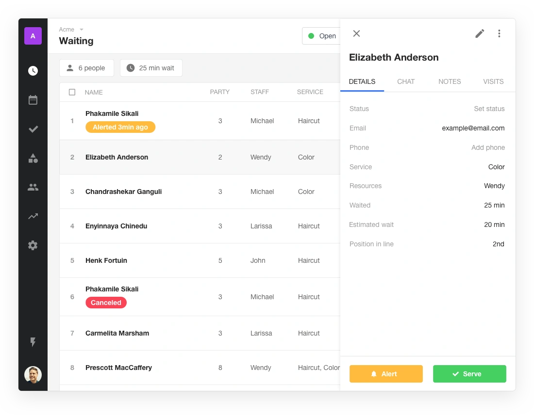 Waitwhile waitlist app screenshot of the new action drawer showing all details of a person added to the waiting list