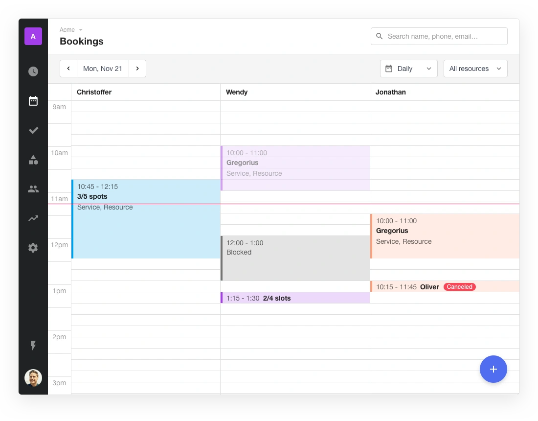 Waitwhile waitlist app screenshot of customer bookings calendar view 