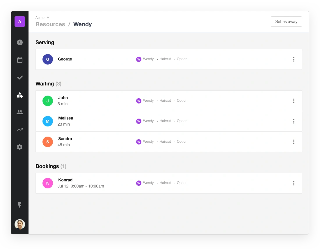 Waitwhile waitlist app screenshot of new resource dashboard with serving and upcoming bookings