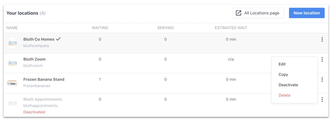 Screenshot of business locations with options to edit and manage them