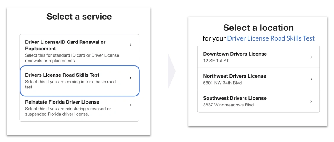 Road skills test service options for driver's license renewal, featuring three locations in Florida