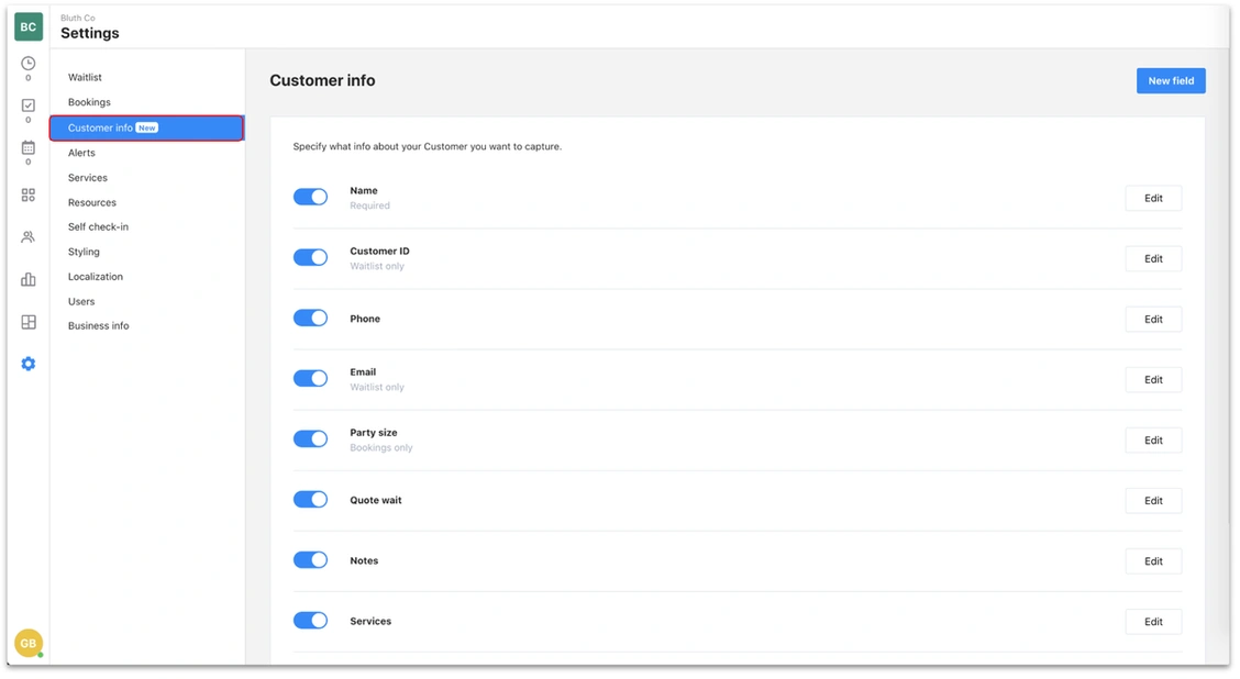 Waitwhile waitlist app screenshot of customer info settings section