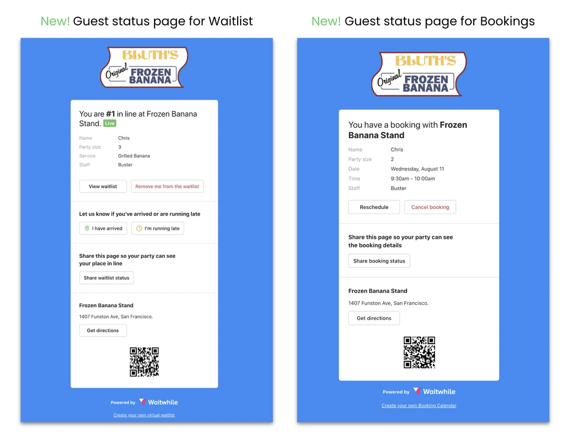 Frozen Banana Stand guest status page with booking details and waitlist options