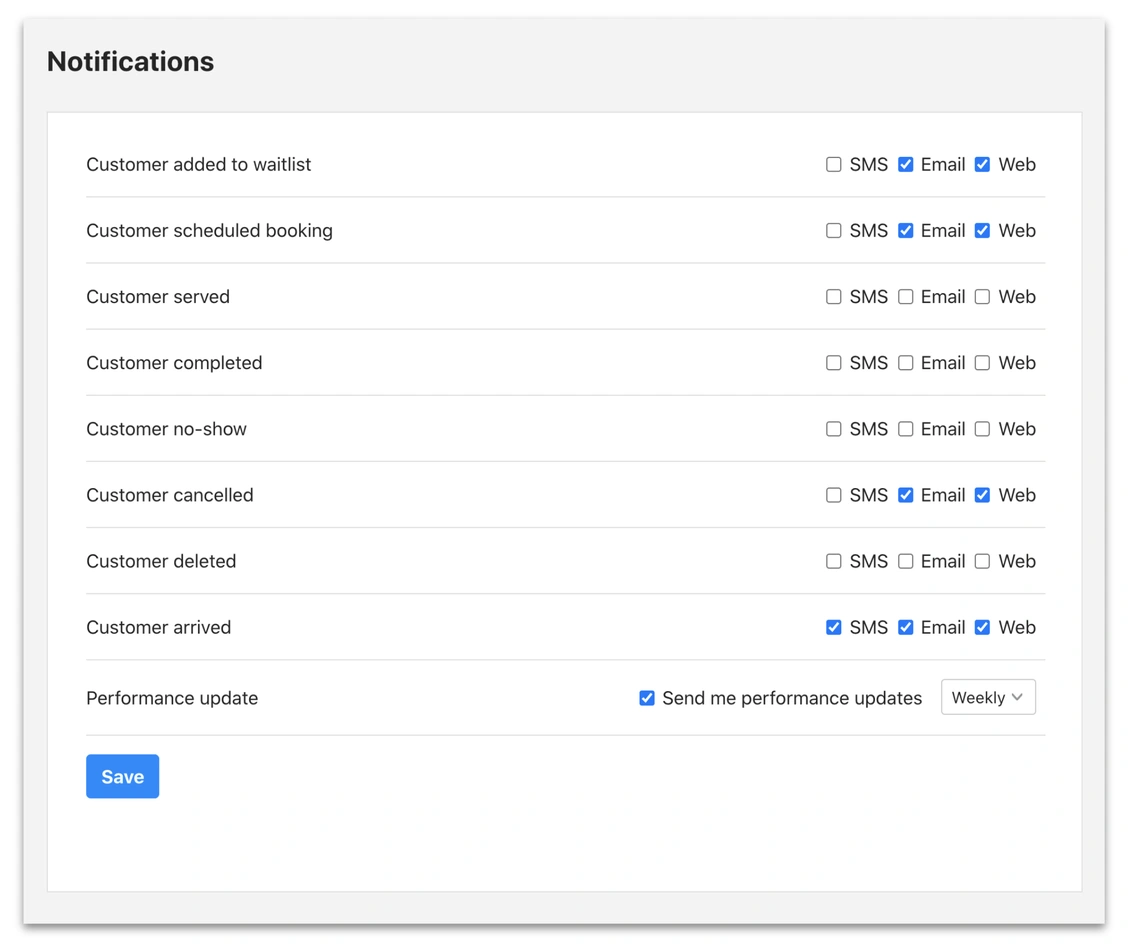 Notifications settings for customer communication preferences in a web application interface