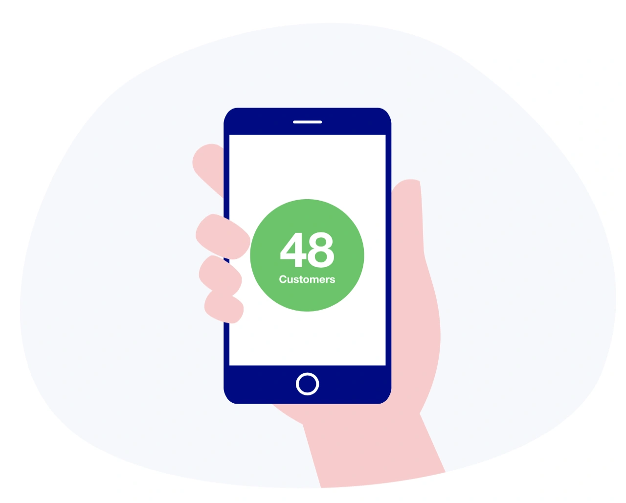 Waitwhile waitlist app graphic of a mobile phone with customers count on the screen