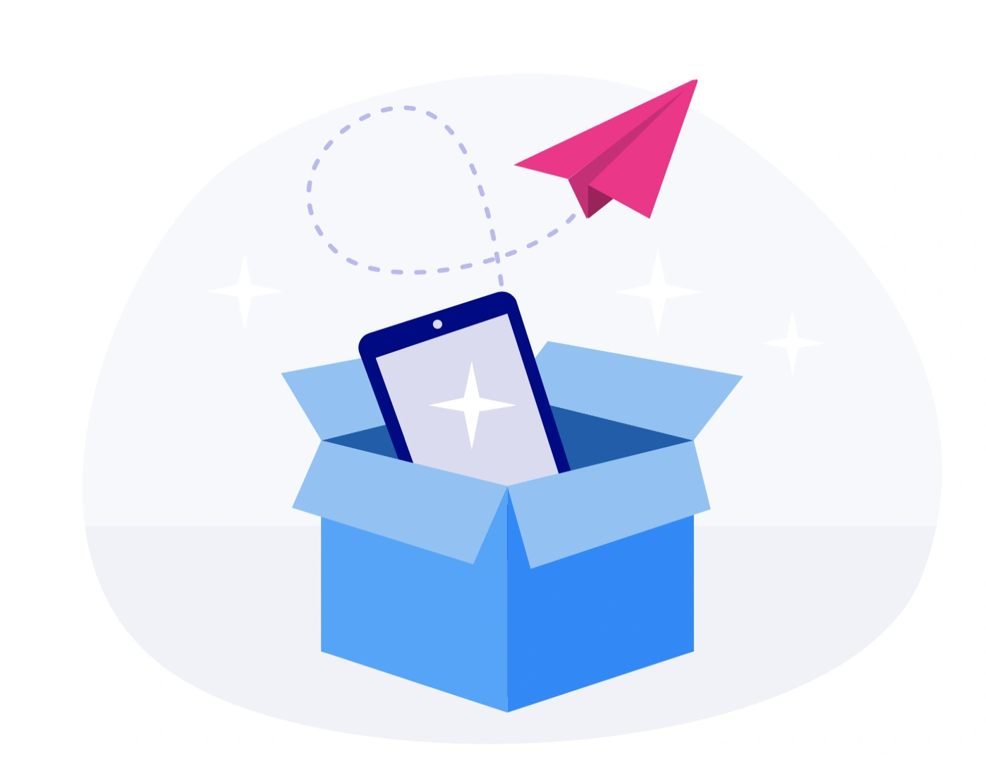 Waitwhile waitlist app graphic of a tablet coming out of the box