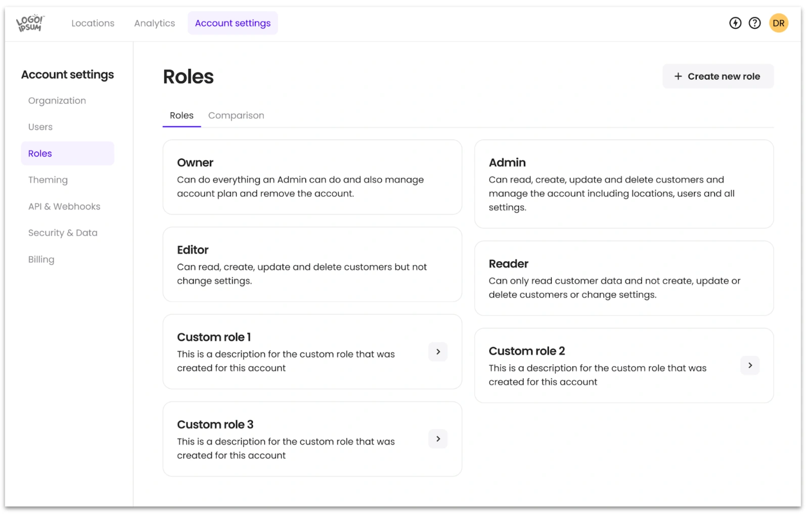 User roles management interface in a web application with various roles and descriptions