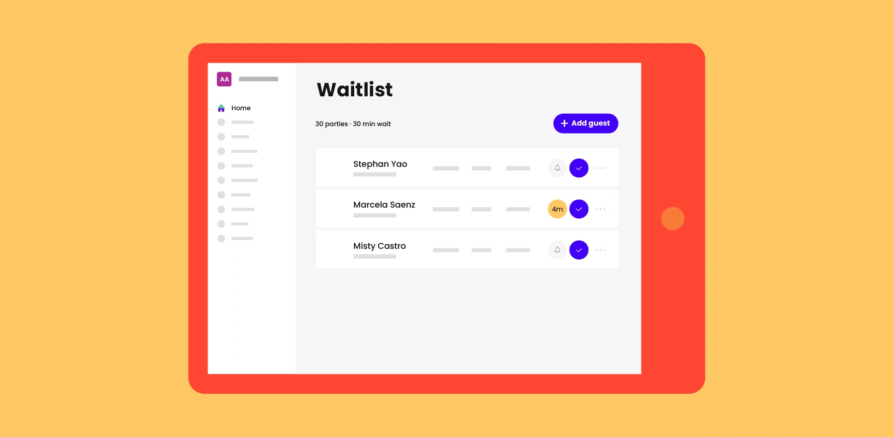 Virtual waitlist management interface showing guests waiting and estimated wait time