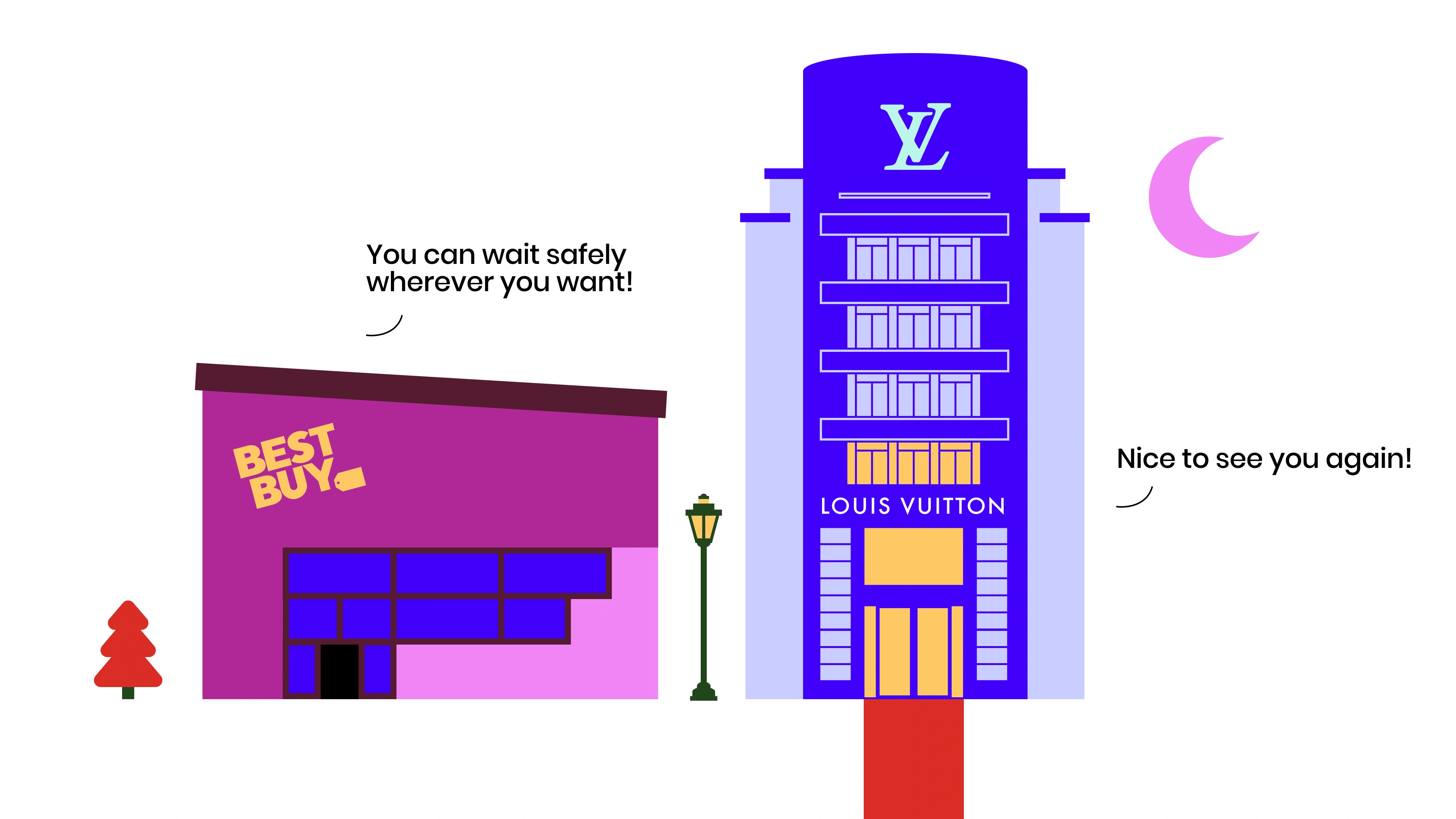 Two retail stores, Best Buy and Louis Vuitton, with colorful signage and a welcoming atmosphere