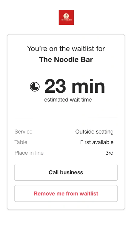Waitwhile waitlist app screenshot of an updated waitlist status page with estimated wait time and place in line
