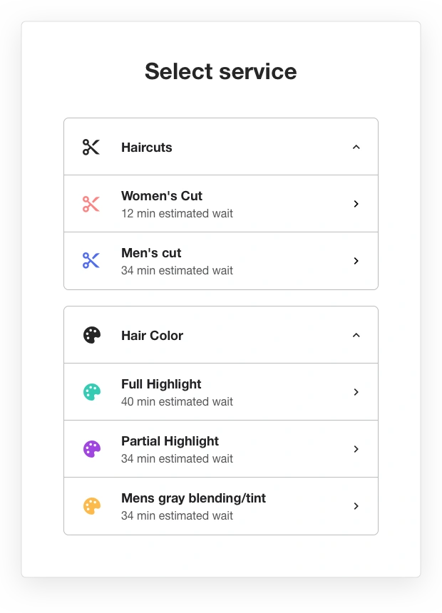 Waitwhile waitlist app screenshot of select service grouped by categories feature