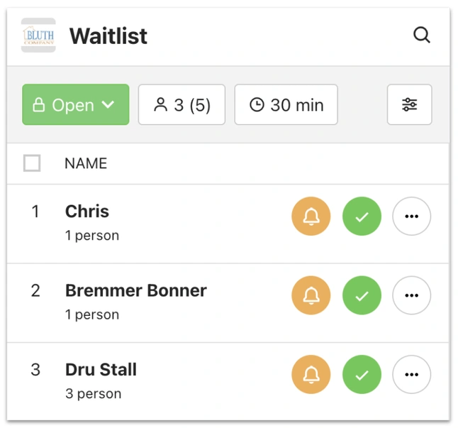Waitlist interface displaying names and status of patients, with options to manage appointments