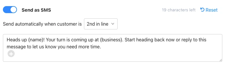 SMS notification for a customer about their upcoming turn at a business, with a prompt for time extension