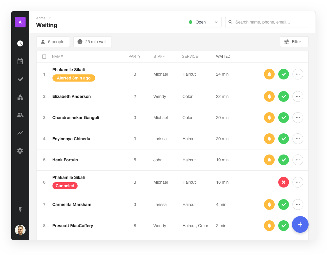 Waitwhile waitlist app screenshot of a waiting list