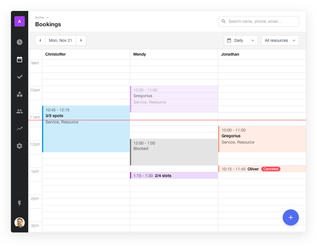 Waitwhile waitlist app screenshot of customer bookings calendar view 