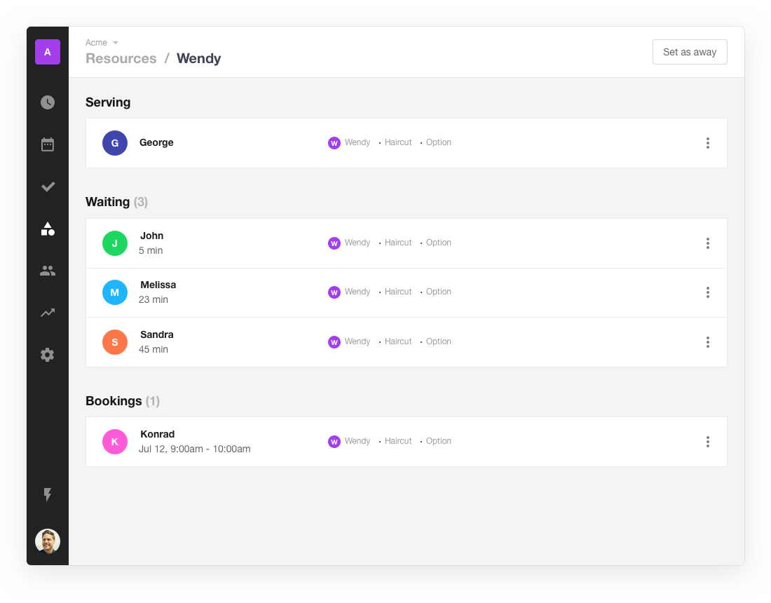 Waitwhile waitlist app screenshot of new resource dashboard with serving and upcoming bookings