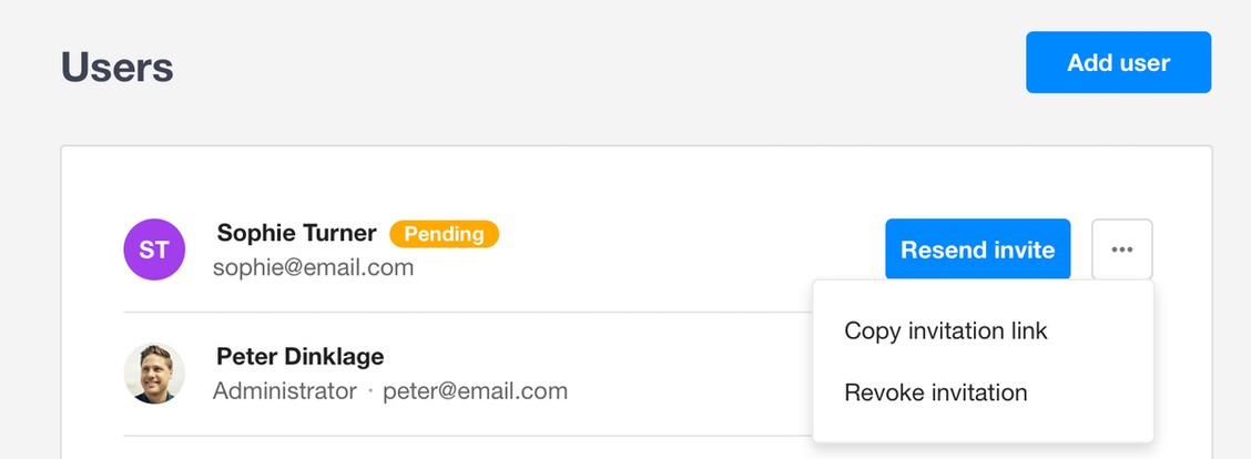 Users list with account statuses, including pending and administrator roles, in a web application interface