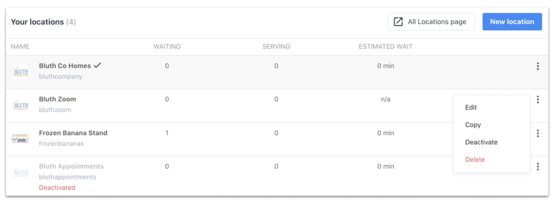 Screenshot of business locations with options to edit and manage them