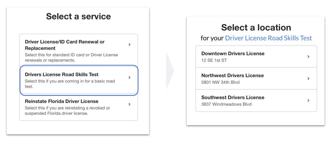 Road skills test service options for driver's license renewal, featuring three locations in Florida