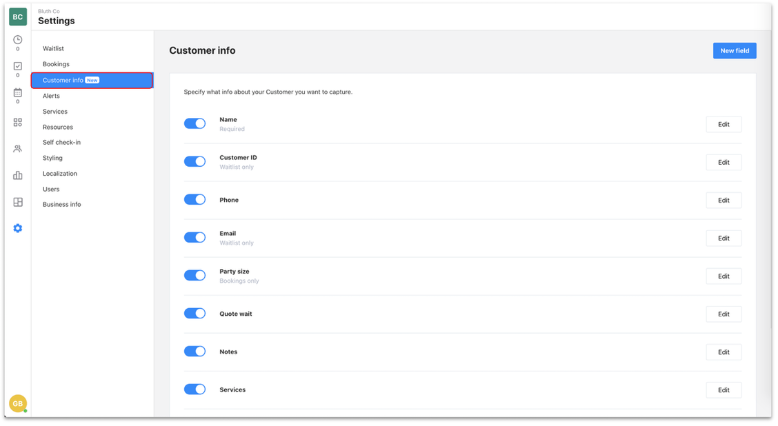 Waitwhile waitlist app screenshot of customer info settings section