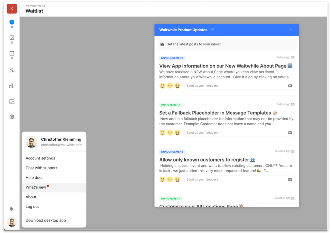Waitwhile dashboard displaying product updates and account settings options