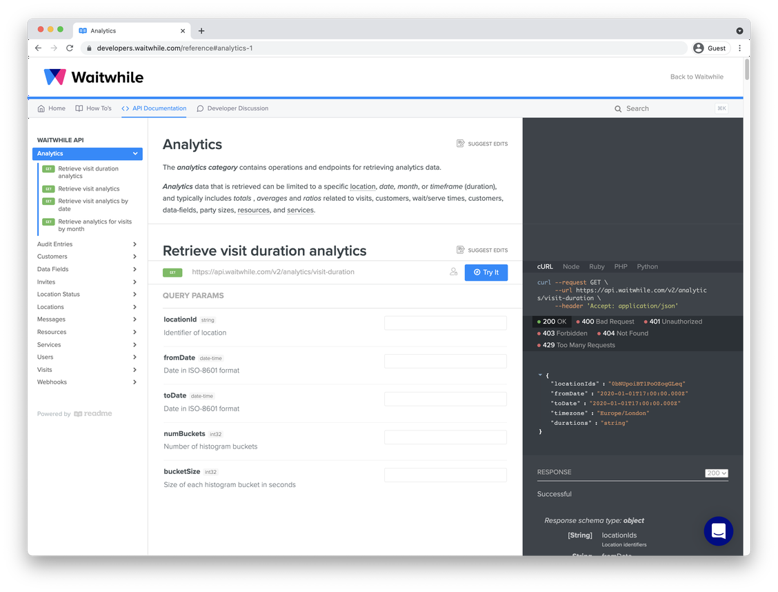 Detailed API documentation for retrieving visit duration analytics on Waitwhile