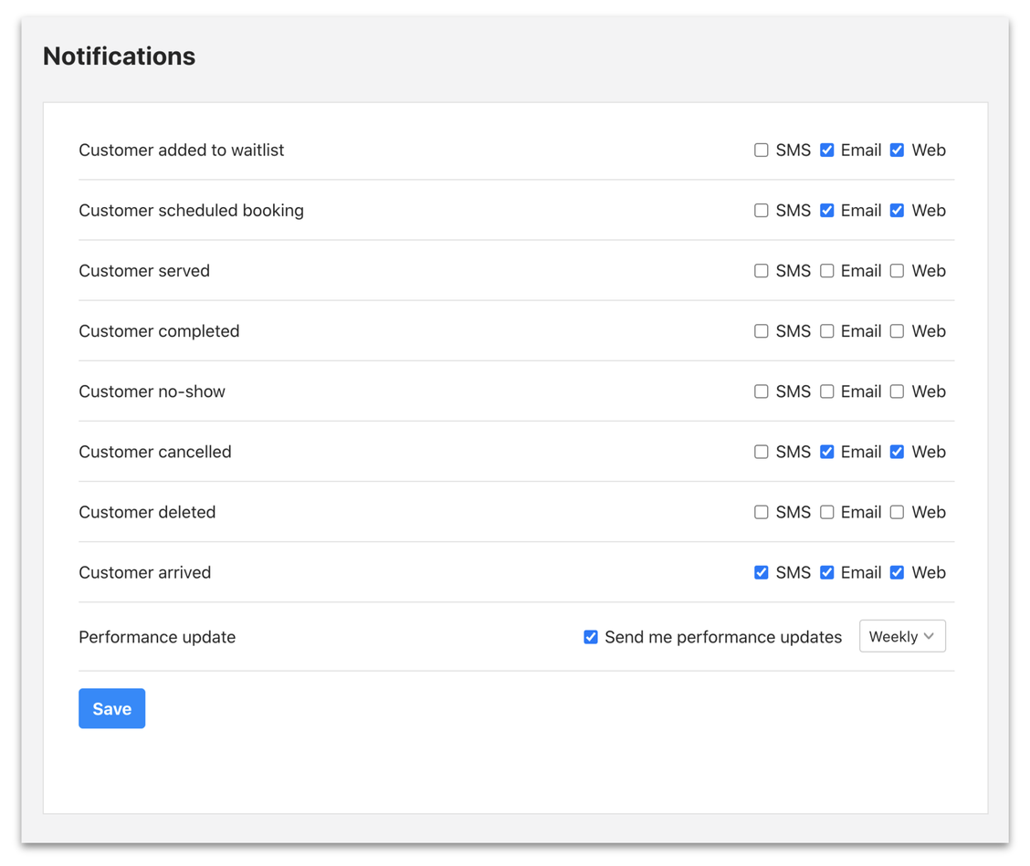 Notifications settings for customer communication preferences in a web application interface