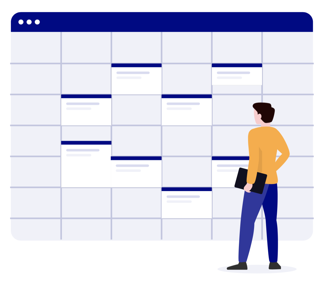 Waitwhile waitlist app graphic of a man standing in front on a big digital schedule