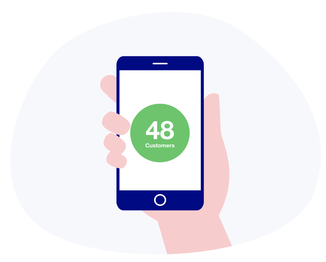 Waitwhile waitlist app graphic of a mobile phone with customers count on the screen