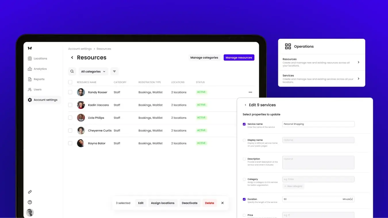 Account settings interface showing resources and service management options on the Waitwhile platform