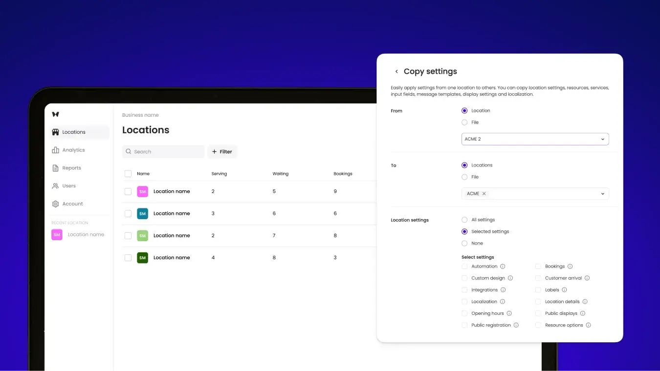 User interface of Waitwhile platform showcasing location and settings management features
