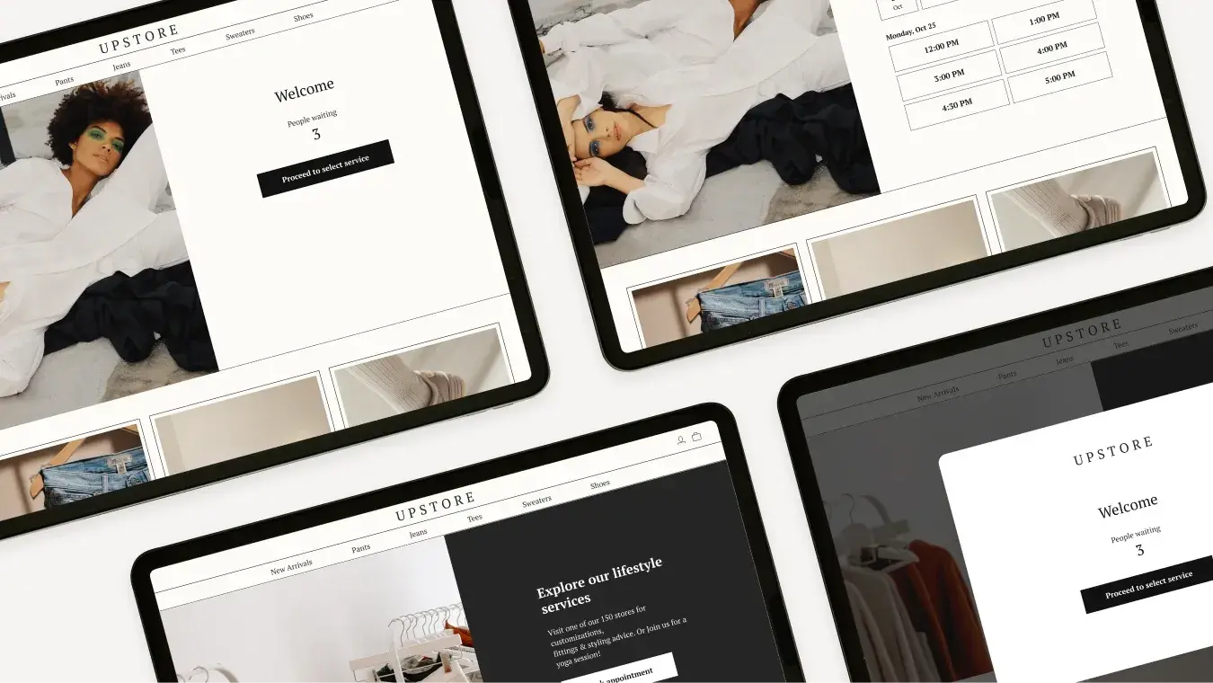 Welcome screen of the UPSTORE platform showing a female model with vibrant eye makeup