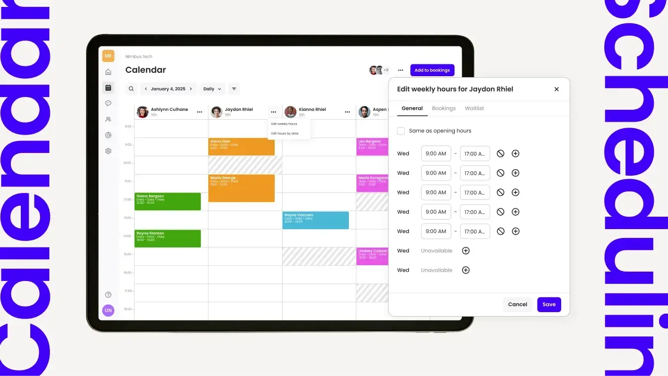 Scheduling interface on a tablet displaying weekly hours editing for appointments