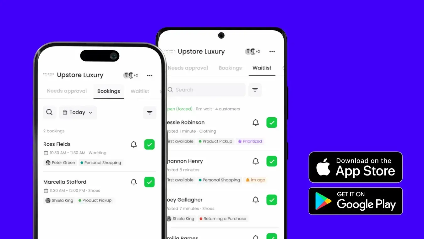 Waitwhile's refreshed mobile apps interface for iOS and Android showing queue management features