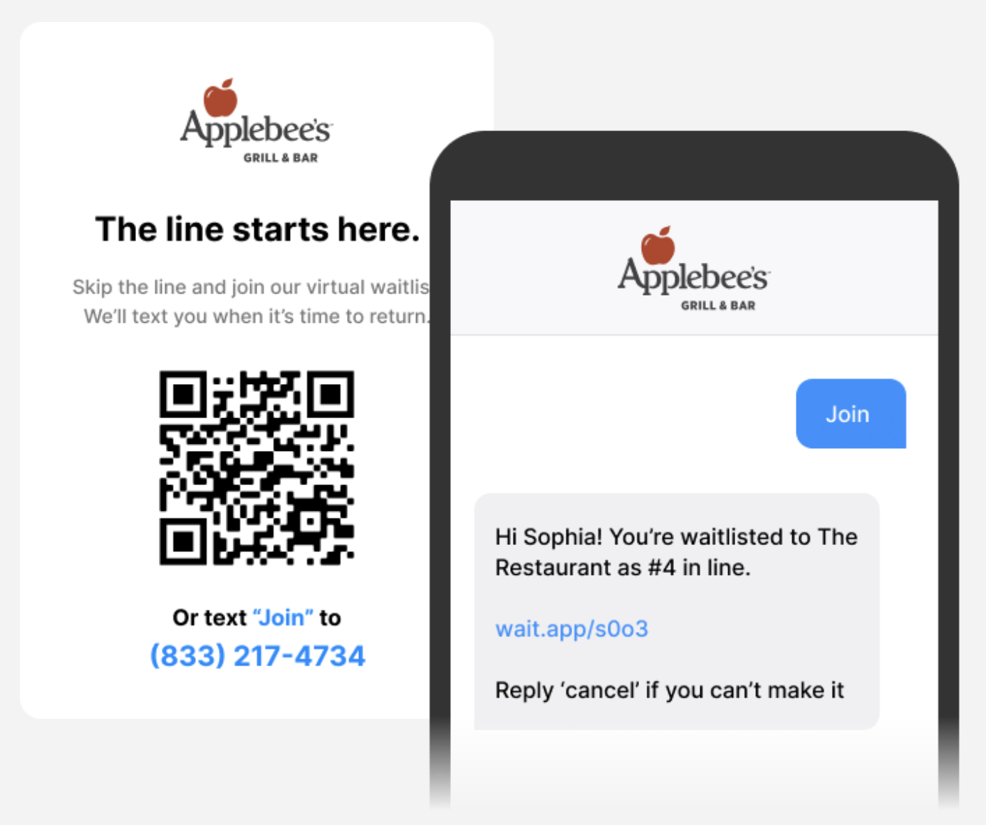 Waitwhile waitlist app screenshots of join waitlist by text or QR code 