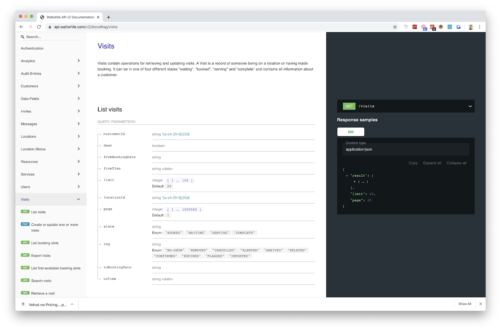 Waitwhile waitlist app screenshot of API documentation