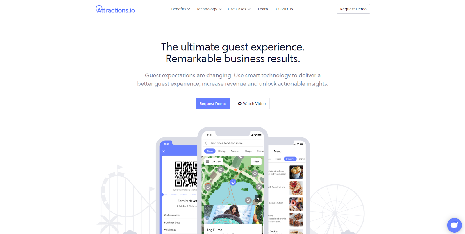 Attractions.io homepage screenshot with three mobile phones graphics