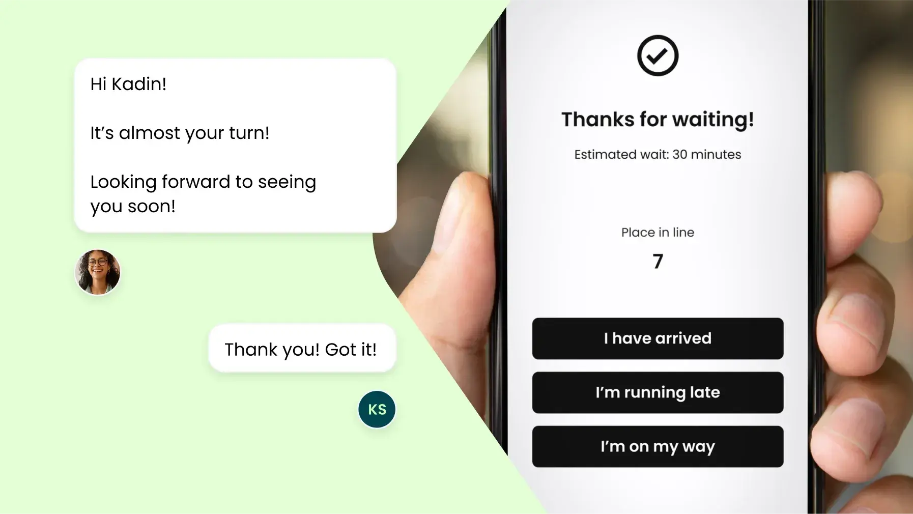 Mobile app screen showing a waiting list update for the user's turn in line with options to respond.
