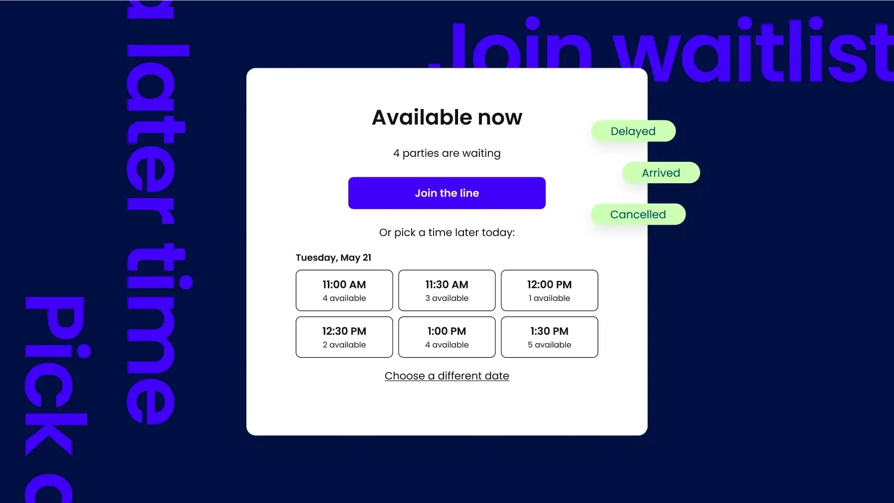 Queue management system interface showing available time slots and waitlist options