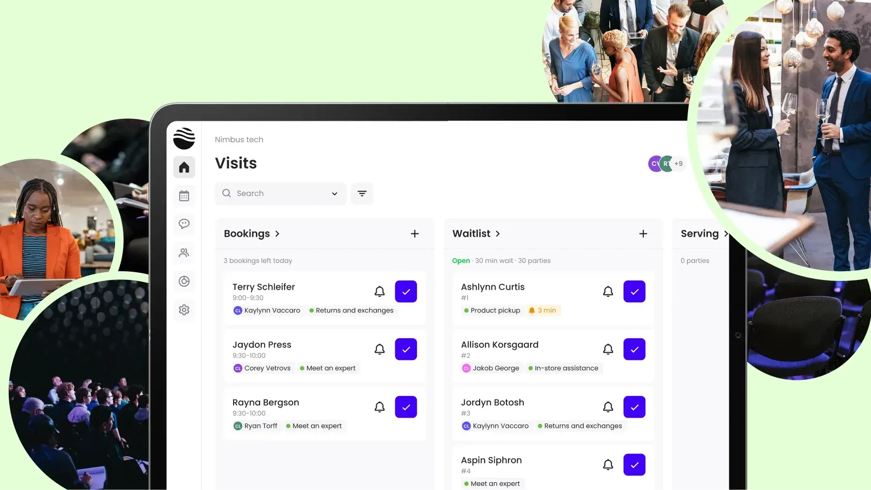 Queue management system interface showing bookings and waitlist for an event with attendees networking