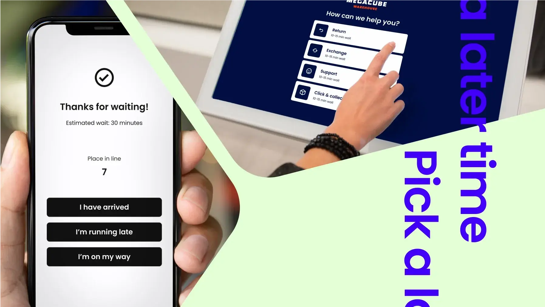 Mobile app showing a wait time of 30 minutes and options for managing arrival status